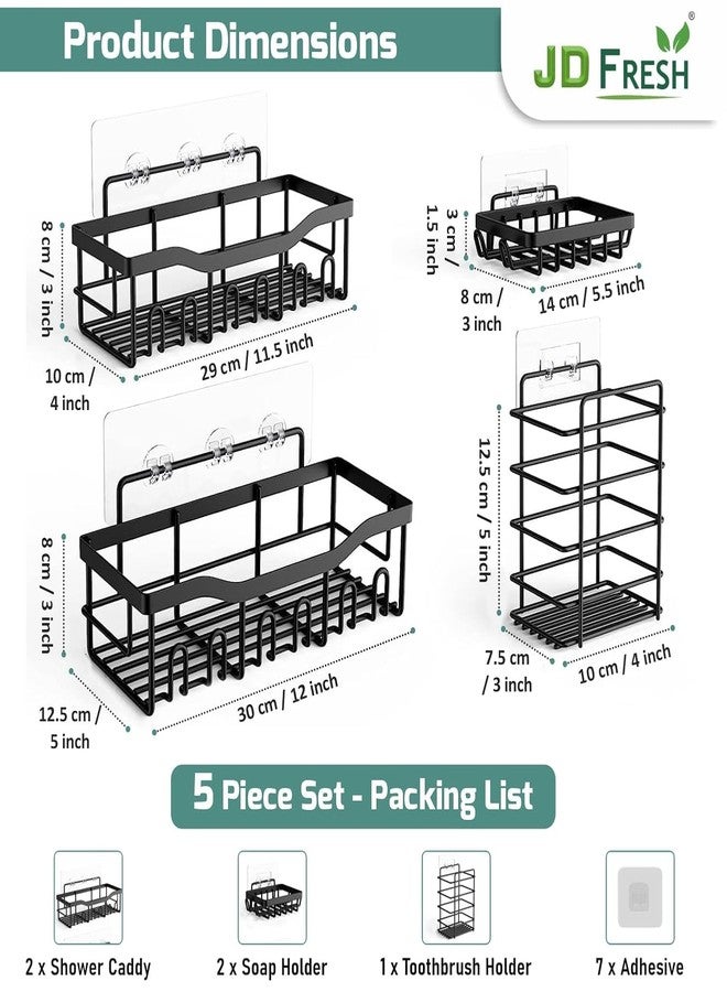 JD FRESH 5 in 1 Self Adhesive Bathroom Shelf Combo/Bathroom Organiser Without Drill/Metal Rust-Proof Strong Adhesive Wall Shelves/Soap Holder with Tooth Brush Holder/Multipurpose Storage Rack (Black) - Image 2
